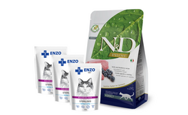 Farmina N&D Prime feline LAMB & BLUEBERRY ADULT 5kg + ENZO VET Sterilizuota dieta sterilizuotoms katėms su kalakutiena želė 3x100g