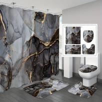 4pcs Luxurious Marble Pattern Waterproof Shower Curtain With 12 Hooks Non-Slip Bathroom Rug Toilet U-Shape Mat Toilet Lid Cover Pad 4Pcs
