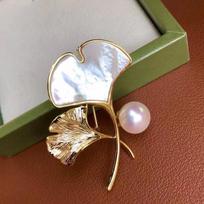 Diy Accessories, Seiko Thick Gold-Plated Temperament Ginkgo Biloba Natural Shell Flower Elegant Brooch Women'S Pin Brooch Empty Holder white