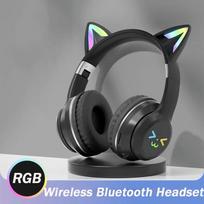2024 m. naujos mielos katės RGB spalvotos lemputės belaidės ausinės „Bluetooth 5.1“ stereofoninės muzikos žaidimų ausinės mergaitėms, dovanų ausinės su mikrofonu juoda