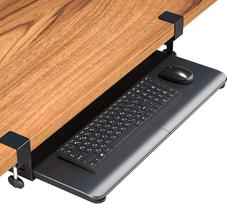 "BONTEC" klaviatūros dėklas, ištraukiamas po stalu su C spaustuku, didelio formato, stabilus stumdomas klaviatūros stovas, 650 (760 mm su spaustukais) x 300 mm, senovinės rudos spalvos