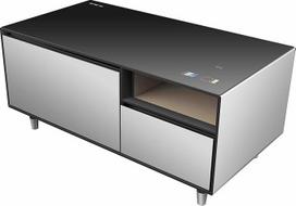 "Emerio MusicFridge" - gėrimų šaldytuvo (68 l) su šaldikliu (14 l), garso juostos ir poilsio staliuko derinys, "Bluetooth", 2 x USB, 1 x USB-C, skambus garsas, jutikliniai mygtukai, grūdinto stiklo paviršius