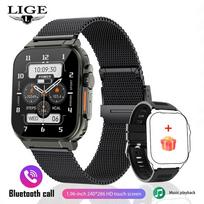 LIGE įrašymo funkcija SIRI ciferblato išmanusis laikrodis 600 MAH didelis akumuliatorius TWS Music 100+ Sports Watch True Blood Oxygen Smart Watch Men Mesh belt juoda