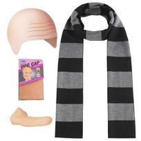 4Pcs Costume Accessories Adult Men Women Cosplay Party Set Black Gray Striped Scarf/Fake Nose/Bald Head Wig Cap One Size juoda