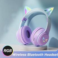 2024 m. naujos mielos katės RGB spalvotos lemputės belaidės ausinės „Bluetooth 5.1“ stereofoninės muzikos žaidimų ausinės mergaitėms, dovanų ausinės su mikrofonu violetinė