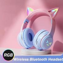 2024 m. naujos mielos katės RGB spalvotos lemputės belaidės ausinės „Bluetooth 5.1“ stereofoninės muzikos žaidimų ausinės mergaitėms, dovanų ausinės su mikrofonu mėlyna
