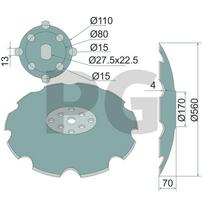 Įgaubtas diskas Corrugated, Ø 560 x 4.5 mm  Outer hole circle Ø: 110 mm  Vidinis hole circle Ø: 80 mm  Hole Ø: 15.5 mm  Square: 13.5 mm