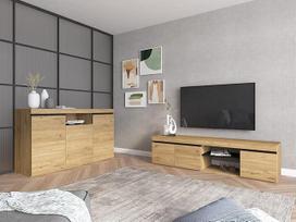 "Skraut Home" - Komplektas "Natural" Svetainės valgomojo kambario baldai Bufetas TV spintelė 160 cm Ąžuolas Juoda Nordic