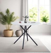 "Hallowood Furniture Cullompton" mažas valgomojo stalas, apvalus valgomojo stalas, baltas marmuro efekto valgomojo stalas su juodomis metalinėmis kojomis, virtuvės stalas, mažas stalas namams ir kavinėms (90 cm)