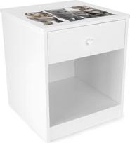 "Leomark" medinis katės naktinis staliukas su stalčiumi, vaikiška naktinė spintelė, baltos spalvos su spauda, aukštis 40 cm