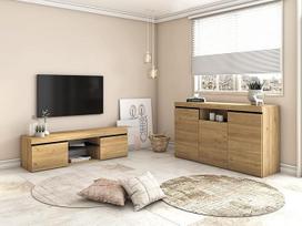 "Skraut Home" - Komplektas "Natural" Svetainės valgomojo kambario baldai Bufetas TV spintelė 140 cm Ąžuolas Juoda Nordic