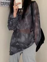 Baggy Mesh Long-sleeved T-shirt for Women Korean Style Spring Vintage Top Tie-dyed Thin Bottoming Shirt Harajuku Clothing S
