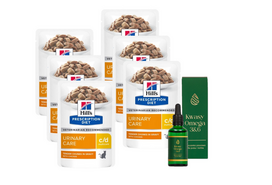 HILL'S PD Prescription Diet Feline c/d Multicare Chicken 6x85g paketėlis + LAB-V Omega 3 ir 6 riebalų rūgštys bendrai šunų ir kačių sveikatos, kailio ir odos būklei gerinti 50ml