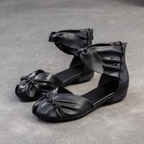 Natūralios odos, patogūs, kvėpuojantys sandalai „Peep Toe“ žemakulniai universalūs retro stiliaus moteriški batai 35 juoda