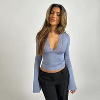 Summer Sexy Hot Girl Long Sleeved Slim Fit V-neck Patchwork Lace Top T-Shirts Women’s S dangaus mėlyna spalva