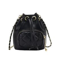 PU Chain Shoulder Strap Bucket Crossbody Bags Ladies Bags  Solid Color Zipper Shoulder Bags juoda