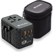 "Verbatim GaN" universalus kelioninis adapteris UTA-05 65 W kištukinis adapteris su 2 USB-A ir 2 USB-C prievadais, greitas nešiojamojo kompiuterio, mobiliojo telefono, fotoaparato ir kt. įkroviklis. Kelioninis kištukas, naudojamas visame pasaulyje 100-250