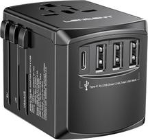 LENCENT kelioninis adapteris visame pasaulyje su 3 USB ir 1 C tipo prievadu bei kintamosios srovės lizdu Tarptautinis kelionių adapteris, skirtas JAV, JK, Anglijai, Australijai, daugiau kaip 200 šalių, juodas