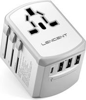 LENCENT kelioninis adapteris visame pasaulyje su 3 USB ir 1 C tipo prievadu bei kintamosios srovės lizdu Tarptautinis kelionių adapteris, skirtas JAV, JK, Anglijai, Australijai, daugiau kaip 200 šalių, baltos spalvos
