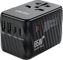 LENCENT tarptautinis kelionių adapteris, 65 W GaN3 universalus adapteris su 2 USB A+3 C tipo PD, pasaulinis maitinimo adapteris mobiliesiems telefonams, nešiojamiesiems kompiuteriams, "viskas viename" kelionių kištukas, skirtas ES/USA/UK/AU lizdams, juoda