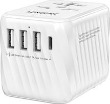 LENCENT universalus kelioninis adapteris, tarptautinis kintamosios srovės kištukinis adapteris su 3 USB A prievadais, 1 C tipo sieninis įkroviklis, skirtas kelionėms iš JAV į ES, JK, Airiją, Australiją (C/G/A/I tipo), baltos spalvos