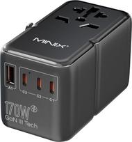 MINIX 170 W kelioninis adapteris visame pasaulyje, GaN III kelioninis adapteris su 3 USB-C ir 1 USB-A prievadais, tarptautinis maitinimo adapteris, kintamosios srovės kištukinis lizdas, suderinamas su JAV, JK, ES ir ES nešiojamiesiems kompiuteriams, planš