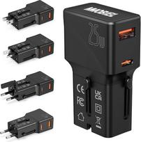 MMOBIEL Kelioninis adapteris Worldwide 25 W - universalus kelioninis kištukas "viskas viename" - tarptautinis kištukinis lizdas su USB-C 25 W ir USB-A 18 W įkrovimo prievadais, skirtas VS, JK, ES, AUS, CN, JP - kišeninio dydžio