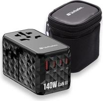 Verbatim; GaN;Universalus;Kelionės adapteris;su;integruotu;USB-C kabeliu,;85W;;Kištukinis adapteris;su;1;USB-A;ir;3;USB-C;prievadais;Greitas įkroviklis;Nešiojamajam kompiuteriui, mobiliajam telefonui, fotoaparatui, visame pasaulyje;Galima naudoti;100-250;