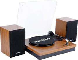Vinilinių plokštelių grotuvas VOSTERIO "Bluetooth" plokštelių grotuvas su dviem 15 W išoriniais garsiakalbiais "HiFi Stereo" garsiakalbiai, 3 greičių 33/45/78 aps/min, "Bluetooth" įvestis ir išvestis, "Aux-in", riešutmedžio spalvos