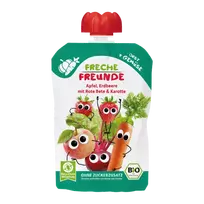 Ekologiška obuolių, braškių, burokėlių ir morkų tyrelė, be glitimo | FRECHE FREUNDE (100 g)