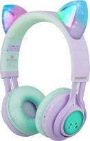 Riwbox CT-7S Kinder-Kopfhörer mit Katzenohren. Kabellose Bluetooth-Kopfhörer mit Lautstärkebegrenzung auf 85 dB, LED-Licht und Mikrofon für Cellphone/Laptop/PC/TV Violett und Grün
