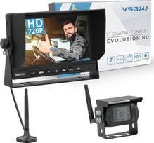 VSG Evolution HD belaidė atbulinės eigos sistema nameliams ant ratų ir sunkvežimiams, belaidis automobilinis komplektas, įskaitant atbulinės eigos kamerą ir monitorių, lengvai montuojamas "pasidaryk pats", 12V-24V, skaitmeninė kamera, automobilio galinio
