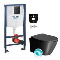 Grohe potinkinis wc rėmas su Phantom Black spalvos mygtuku ir GSI Modo juodas matinis pakabinamas klozetas su SWIRLFLUSH® nuplovimo sistema