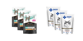PURINA Veterinary PVD EN Gastrointestinal Vištiena virškinimo trakte 3x85g paketėlis + ENZO VET Žarnynas su ėriena padaže katėms 3x100g