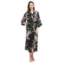 Moteriški šilko satino kimono chalatai, ilgi naktiniai drabužiai, chalatai, gėlių rašto, povo rašto, vakarėlių vestuvių pamergių chalatas S