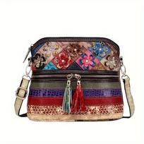 Vintage Multi-Color Crossbody Bag For Women With Tassel And Adjustable Strap, Retro Style Bag With Zipper Closure