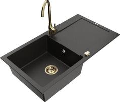 Granitinė virtuvinė plautuvė Mexen Leo su maišytuvu ir sifonu, Metallic black/gold+Gold
