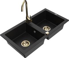 Granitinė virtuvinė plautuvė Mexen Mario su maišytuvu ir sifonu, Black+Gold