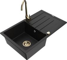 Granitinė virtuvinė plautuvė Mexen Bruno su maišytuvu ir sifonu, Black+Gold