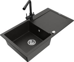 Granitinė virtuvinė plautuvė Mexen Leo su maišytuvu ir sifonu, Metallic black/gold+Black