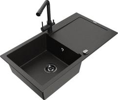 Granitinė virtuvinė plautuvė Mexen Leo su maišytuvu ir sifonu, Metallic black/gold+Black