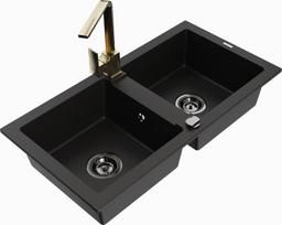 Granitinė virtuvinė plautuvė Mexen Mario su maišytuvu ir sifonu, Black+Gold