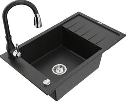 Granitinė virtuvinė plautuvė Mexen Elias su maišytuvu ir sifonu, Metallic black/silver+Black
