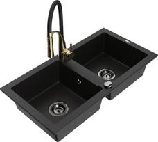 Granitinė virtuvinė plautuvė Mexen Mario su maišytuvu ir sifonu, Black+Black/Gold