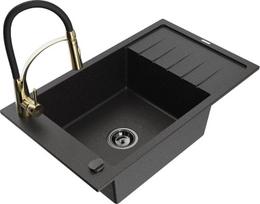 Granitinė virtuvinė plautuvė Mexen Elias su maišytuvu ir sifonu, Metallic black/silver+Black/Gold