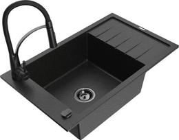 Granitinė virtuvinė plautuvė Mexen Elias su maišytuvu ir sifonu, Metallic black/silver+Black