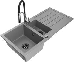 Granitinė virtuvinė plautuvė Mexen Andres su maišytuvu ir sifonu, Grey+Black/Chrome