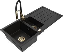 Granitinė virtuvinė plautuvė Mexen Andres su maišytuvu ir sifonu, Black+Black/Gold