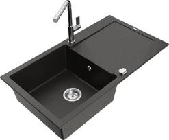 Granitinė virtuvinė plautuvė Mexen Leo su maišytuvu ir sifonu, Metallic black/gold+Chrome