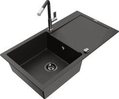 Granitinė virtuvinė plautuvė Mexen Leo su maišytuvu ir sifonu, Metallic black/gold+Black/Chrome